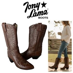 Tony Lama Cowboy Boots Womens Sz 6.5 6 1/2 B Brown Leather Rodeo Western Cowgirl